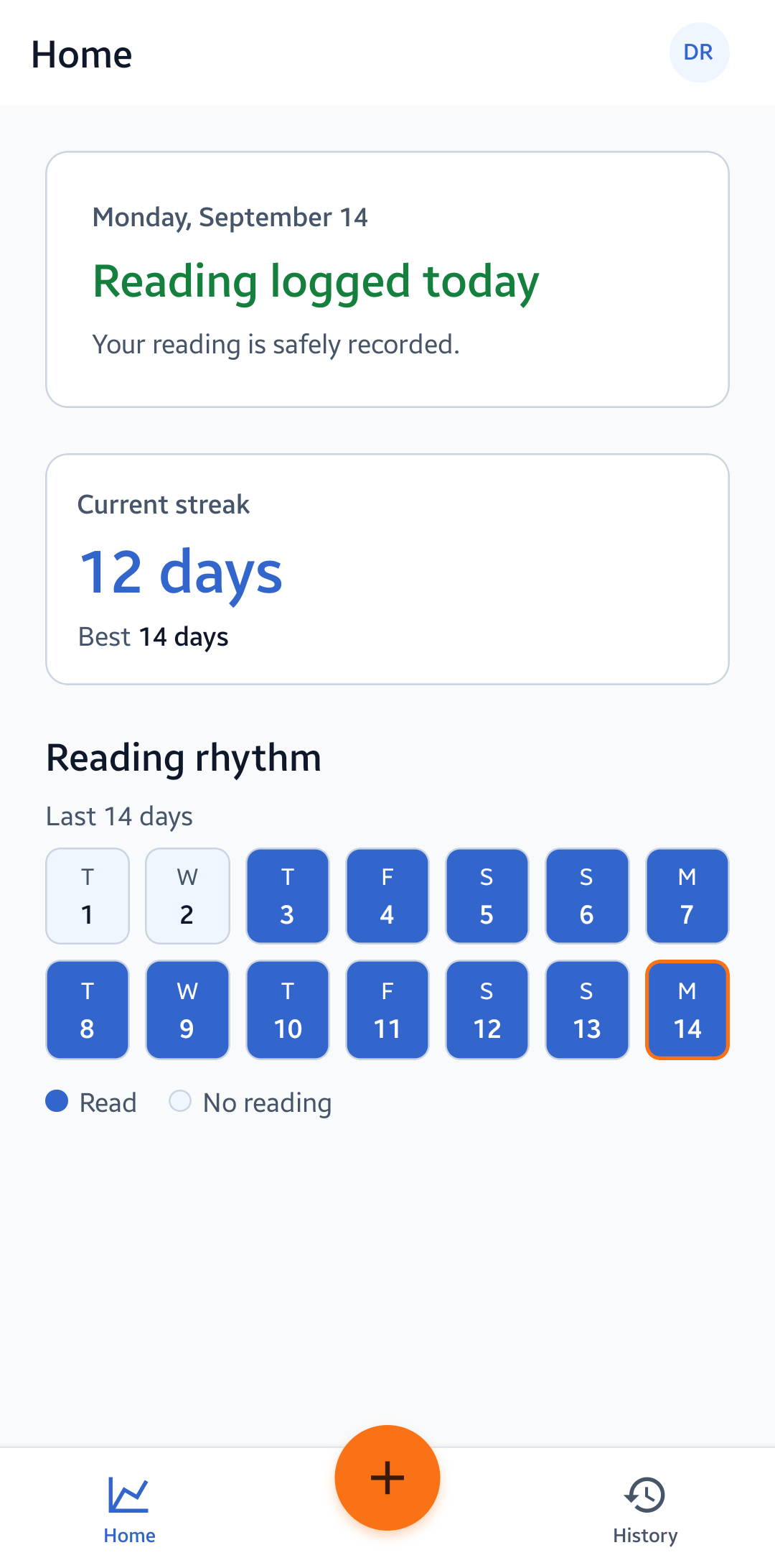 Delight native Android home screen showing a logged reading, reading streak, and 14-day reading rhythm