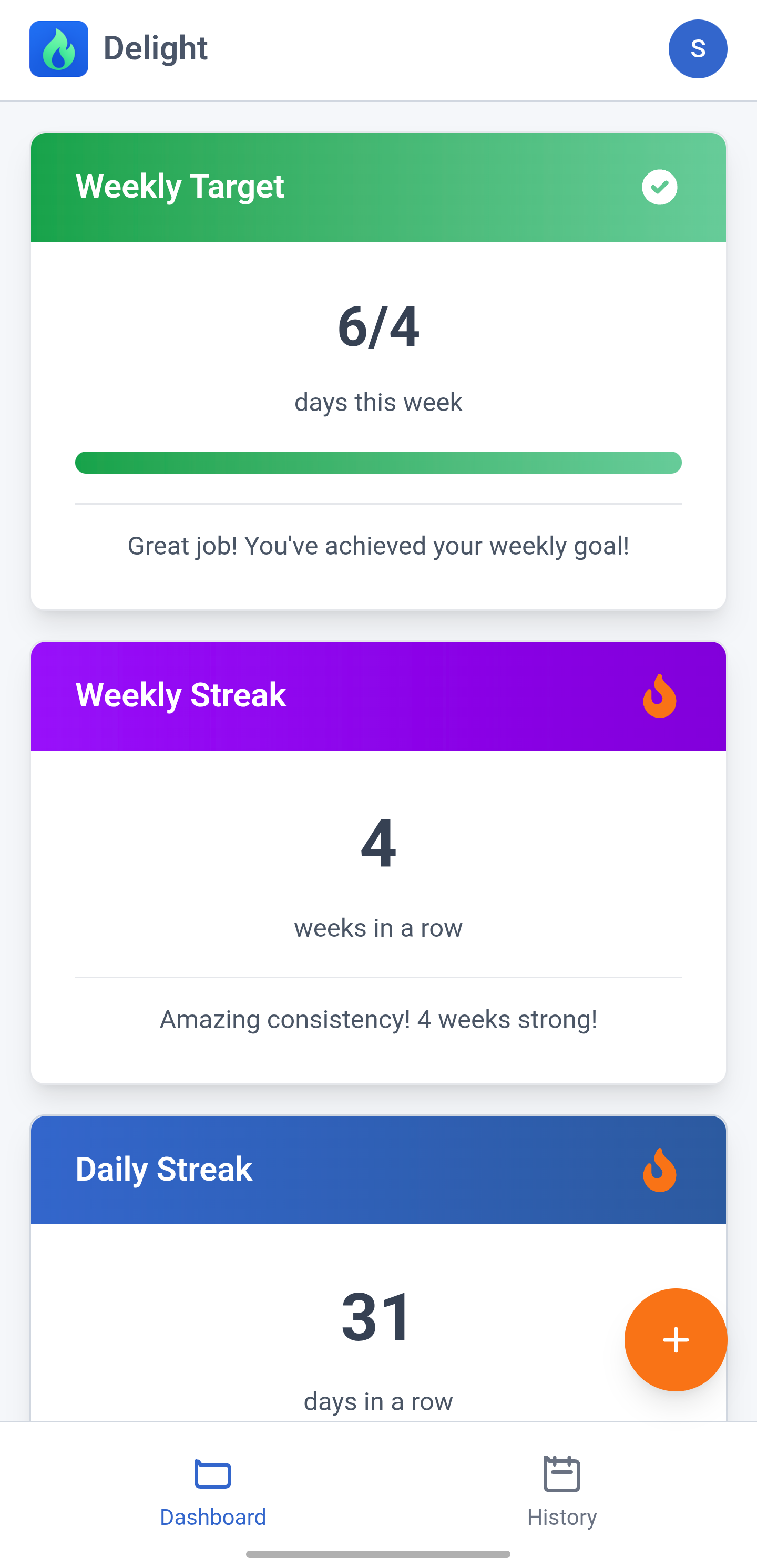 Delight mobile Bible tracker showing weekly goal widget and weekly streak widget with touch-friendly interface