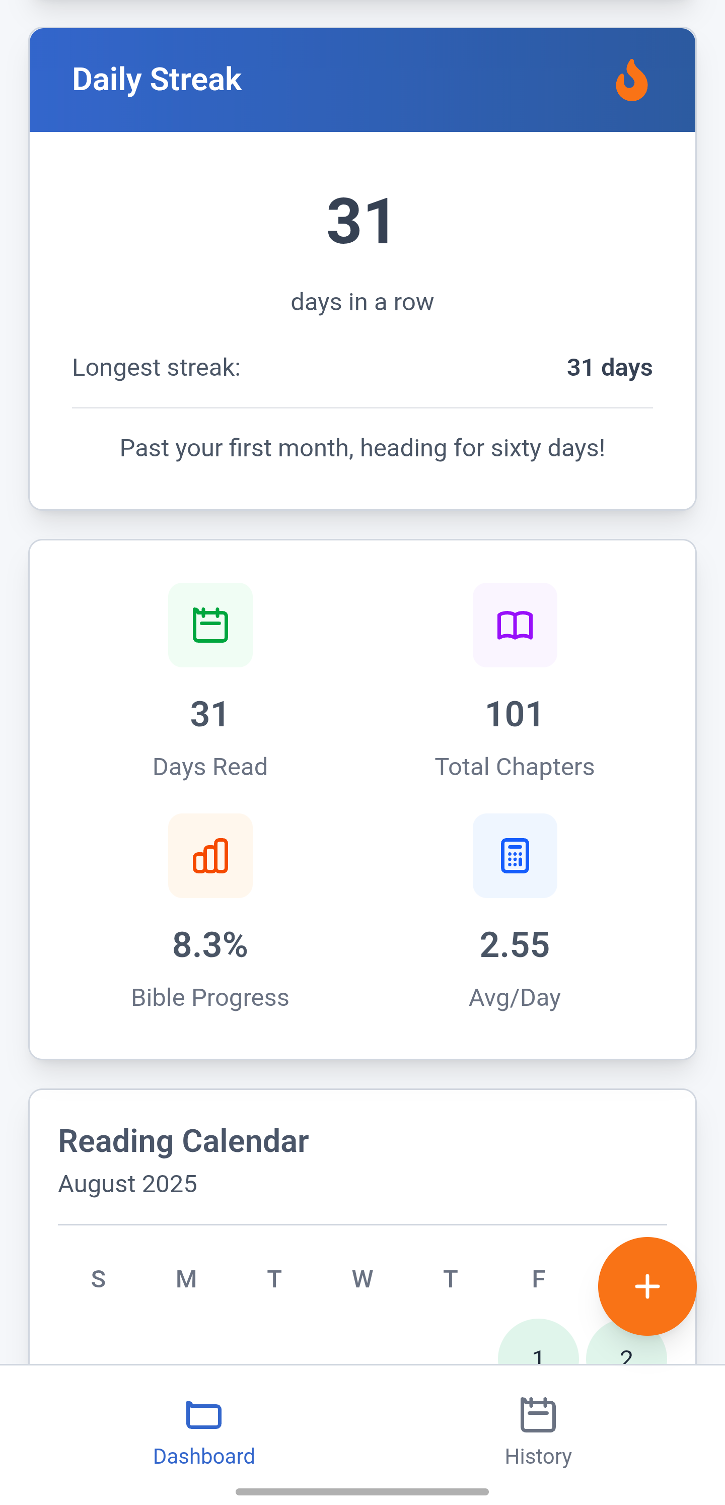 Delight mobile Bible reading tracker showing daily streak and enhanced summary stats including days read, total chapters, and Bible progress percentage