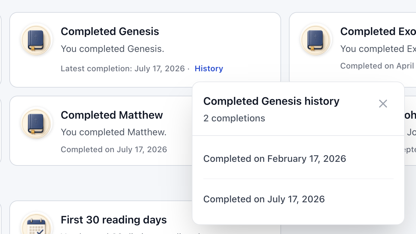 Example: the Achievements shelf showing Genesis completed twice and its two completion dates