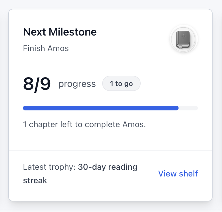 Delight dashboard next milestone card showing progress toward finishing Amos